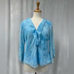 Tradition Vintage Tie Dye Light Blue Ruffle V-Neck Women's Blouse Size M